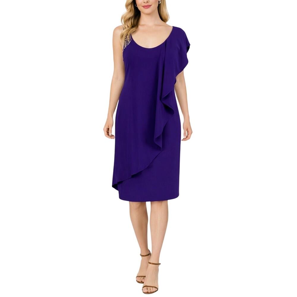 Betsy & Adam Purple Cocktail Dress Beaded One Shoulder Ruffle Mini Sheath Size 4